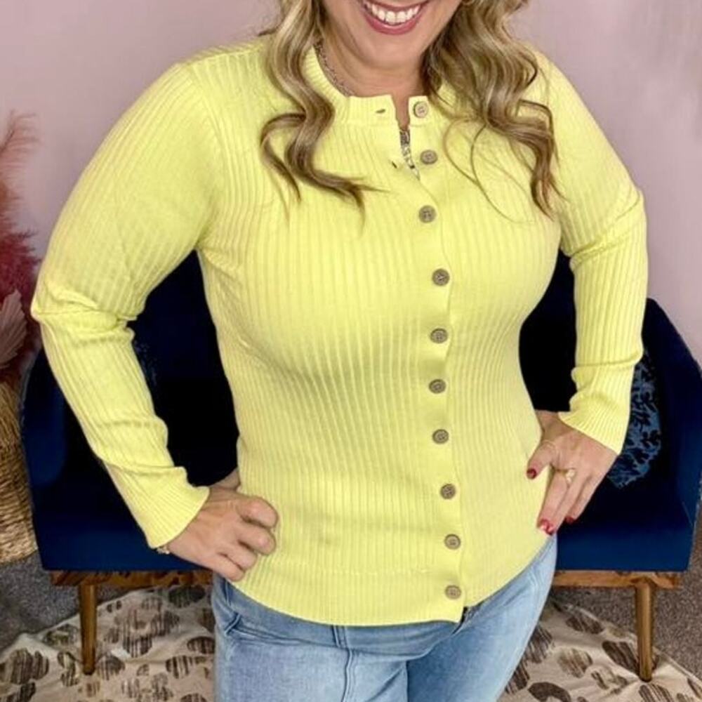 LuLaRoe Becky Bright Yellow Button Closure Cardigan Long Round Neck Women Sz 3XL